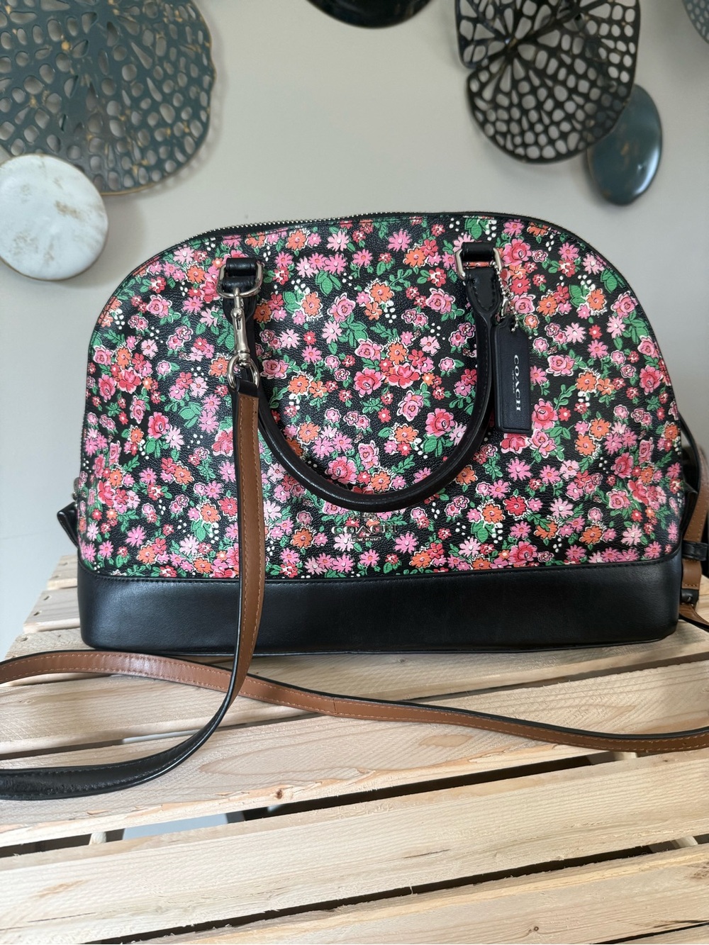 Coach Black Floral Dome Satchel with Pink and Green Print
